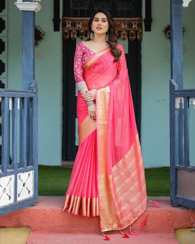 Ravishing Rani Pink Plain Chiffon Saree with Gold Zari Border, Floral Printed Blouse & Tassel Accents CHIFFON