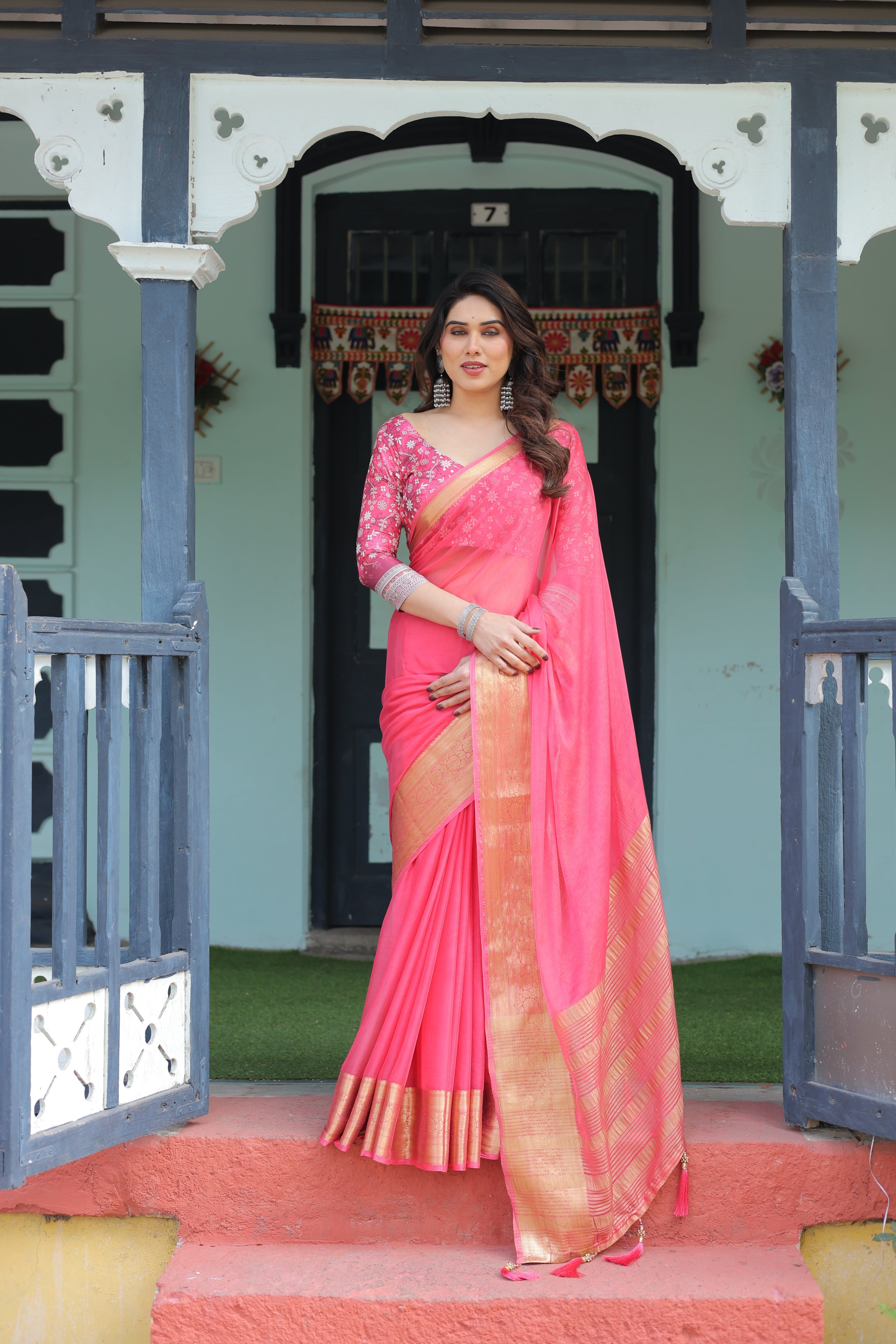 Ravishing Rani Pink Plain Chiffon Saree with Gold Zari Border, Floral Printed Blouse & Tassel Accents CHIFFON