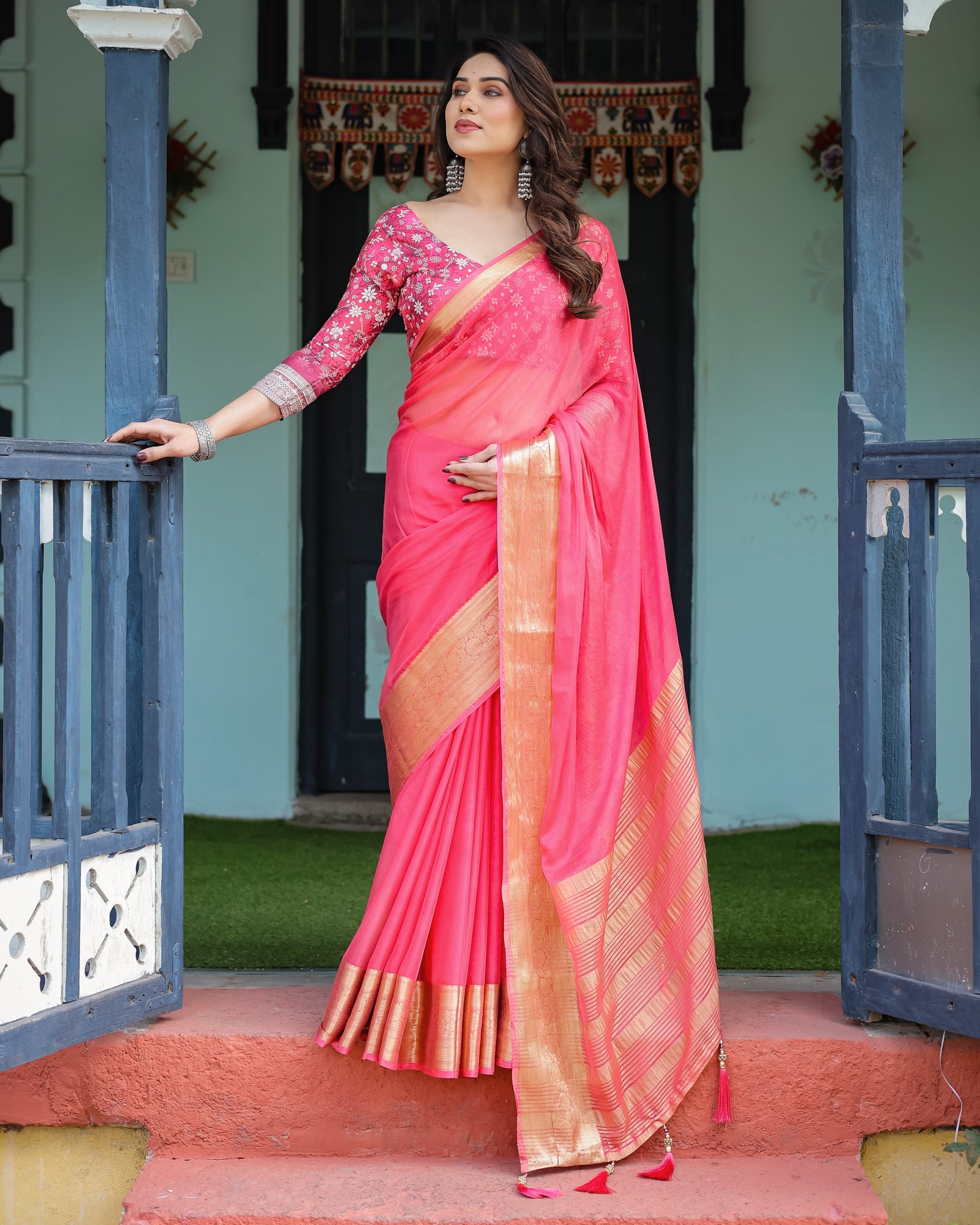 Ravishing Rani Pink Plain Chiffon Saree with Gold Zari Border, Floral Printed Blouse & Tassel Accents CHIFFON