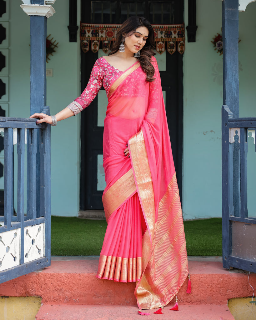 Ravishing Rani Pink Plain Chiffon Saree with Gold Zari Border, Floral Printed Blouse & Tassel Accents CHIFFON