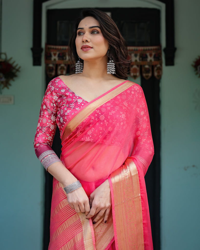 Ravishing Rani Pink Plain Chiffon Saree with Gold Zari Border, Floral Printed Blouse & Tassel Accents CHIFFON