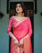 Load image into Gallery viewer, Ravishing Rani Pink Plain Chiffon Saree with Gold Zari Border, Floral Printed Blouse &amp; Tassel Accents CHIFFON