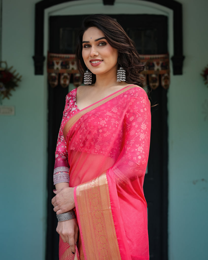 Ravishing Rani Pink Plain Chiffon Saree with Gold Zari Border, Floral Printed Blouse & Tassel Accents CHIFFON