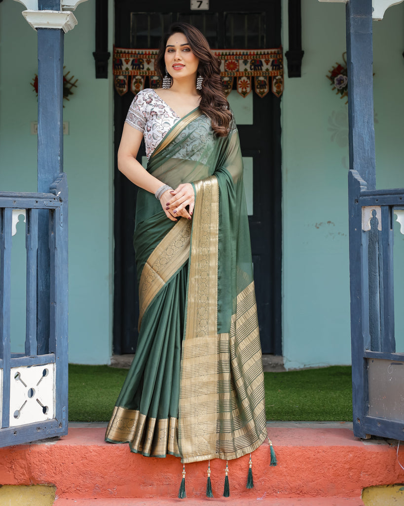Elegant Bottle Green Plain Chiffon Saree with Gold Zari Border, Floral Printed Blouse & Tassel Finishing CHIFFON