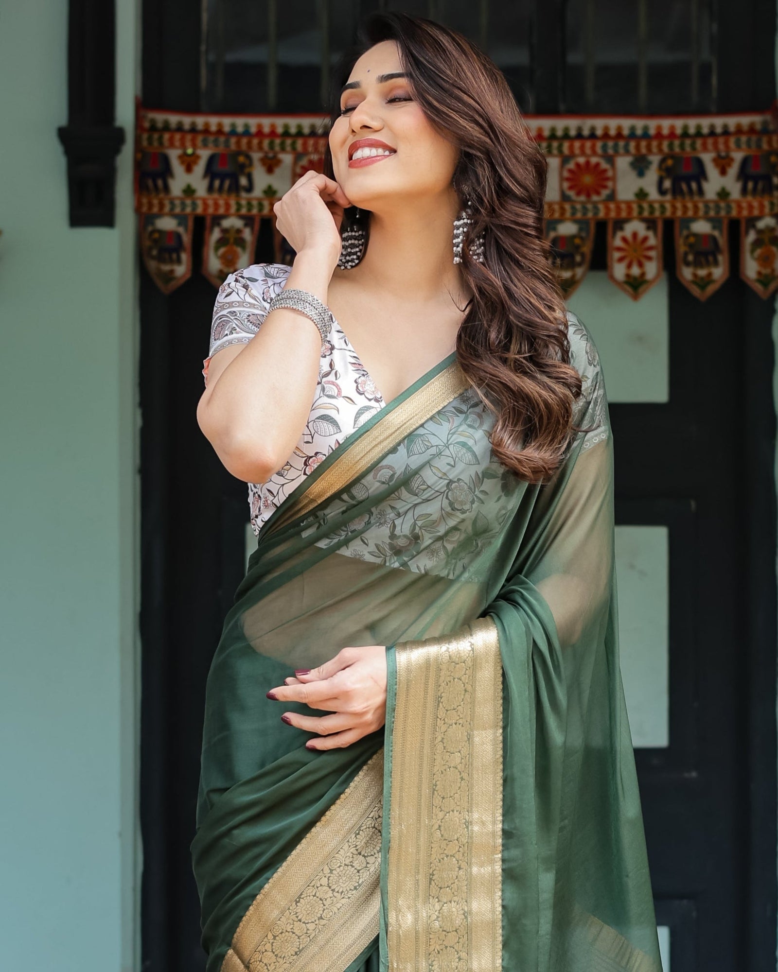Elegant Bottle Green Plain Chiffon Saree with Gold Zari Border, Floral Printed Blouse & Tassel Finishing CHIFFON