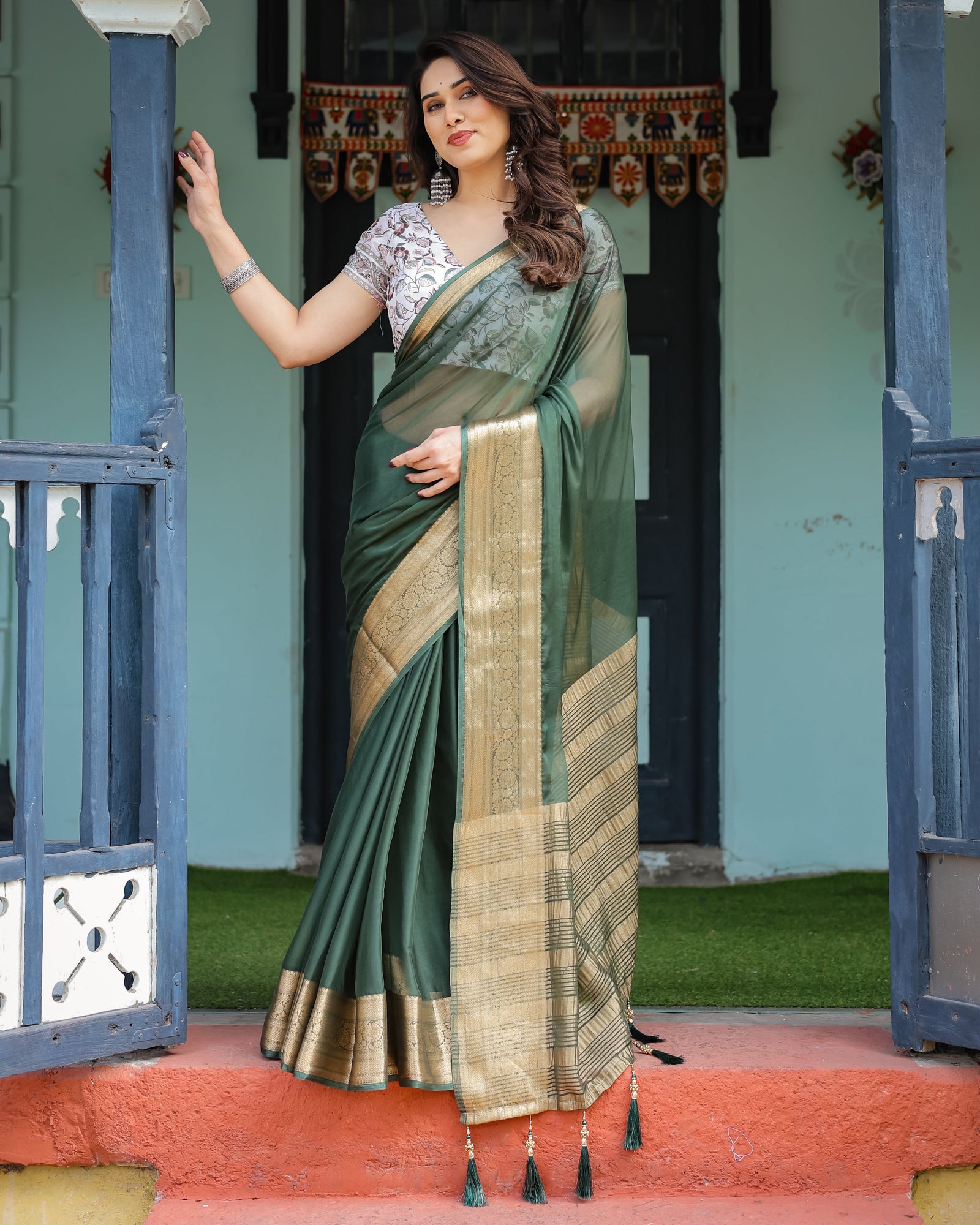 Elegant Bottle Green Plain Chiffon Saree with Gold Zari Border, Floral Printed Blouse & Tassel Finishing CHIFFON