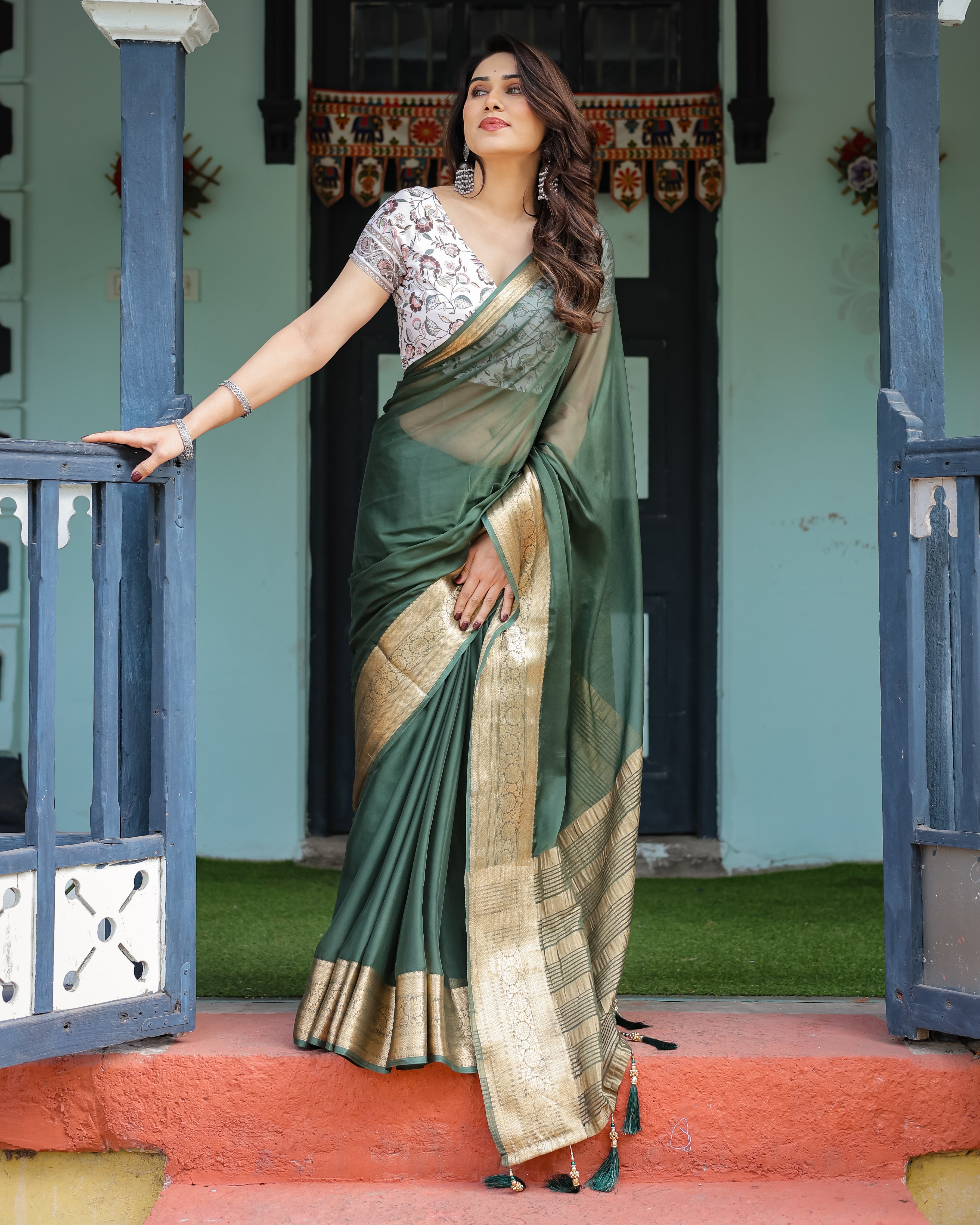 Elegant Bottle Green Plain Chiffon Saree with Gold Zari Border, Floral Printed Blouse & Tassel Finishing Secondary image