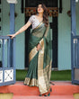 Load image into Gallery viewer, Elegant Bottle Green Plain Chiffon Saree with Gold Zari Border, Floral Printed Blouse &amp; Tassel Finishing CHIFFON