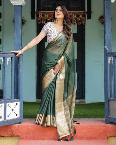 Elegant Bottle Green Plain Chiffon Saree with Gold Zari Border, Floral Printed Blouse & Tassel Finishing CHIFFON