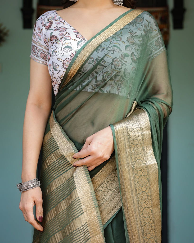 Elegant Bottle Green Plain Chiffon Saree with Gold Zari Border, Floral Printed Blouse & Tassel Finishing CHIFFON