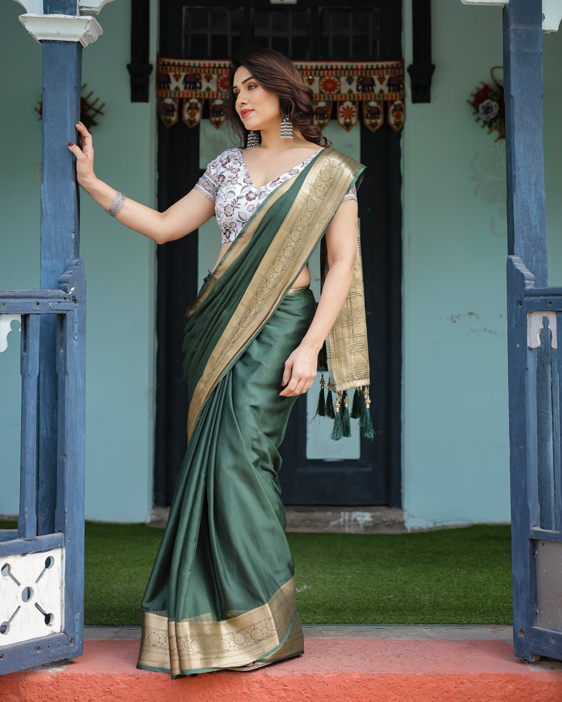 Elegant Bottle Green Plain Chiffon Saree with Gold Zari Border, Floral Printed Blouse & Tassel Finishing CHIFFON