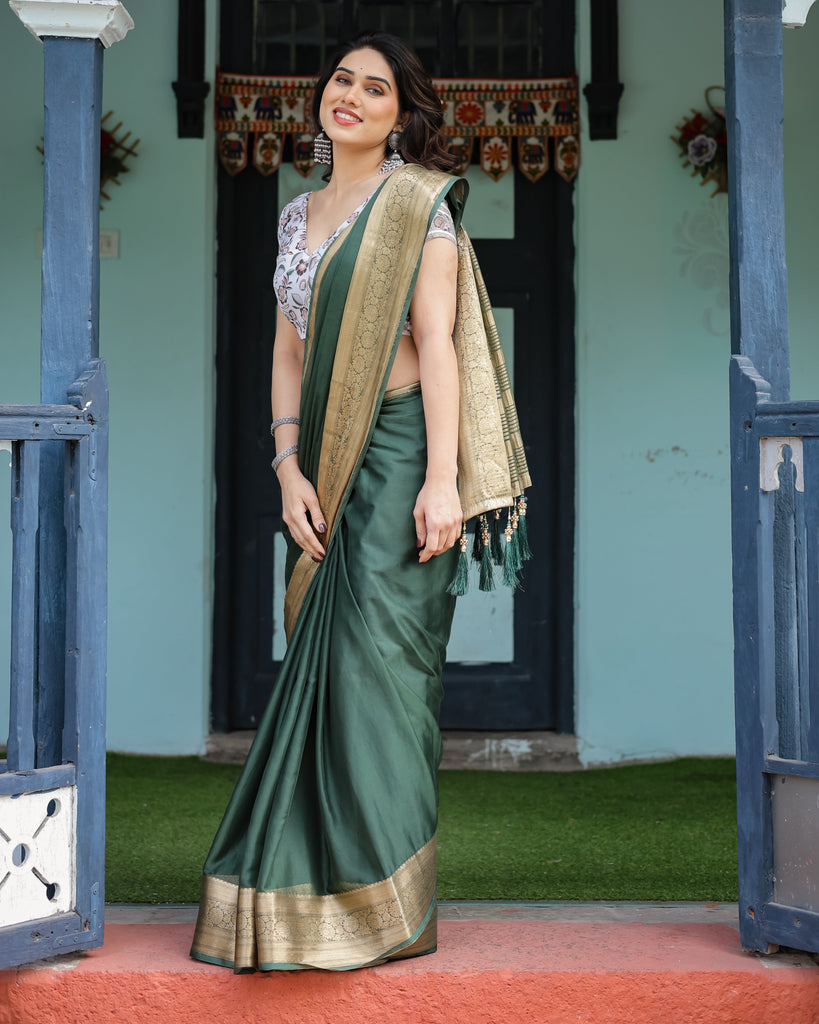 Elegant Bottle Green Plain Chiffon Saree with Gold Zari Border, Floral Printed Blouse & Tassel Finishing CHIFFON
