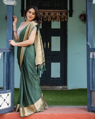 Elegant Bottle Green Plain Chiffon Saree with Gold Zari Border, Floral Printed Blouse & Tassel Finishing CHIFFON