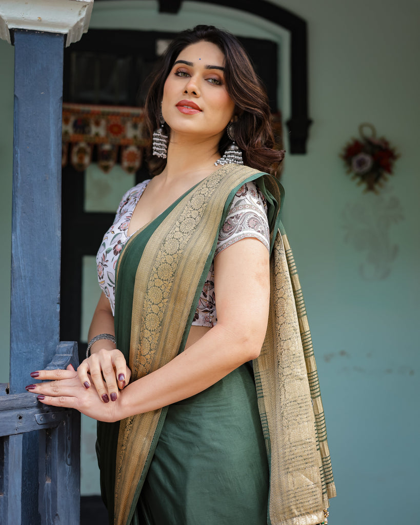 Elegant Bottle Green Plain Chiffon Saree with Gold Zari Border, Floral Printed Blouse & Tassel Finishing CHIFFON