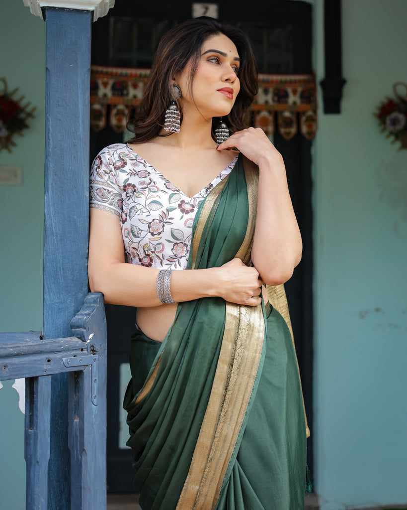 Elegant Bottle Green Plain Chiffon Saree with Gold Zari Border, Floral Printed Blouse & Tassel Finishing CHIFFON