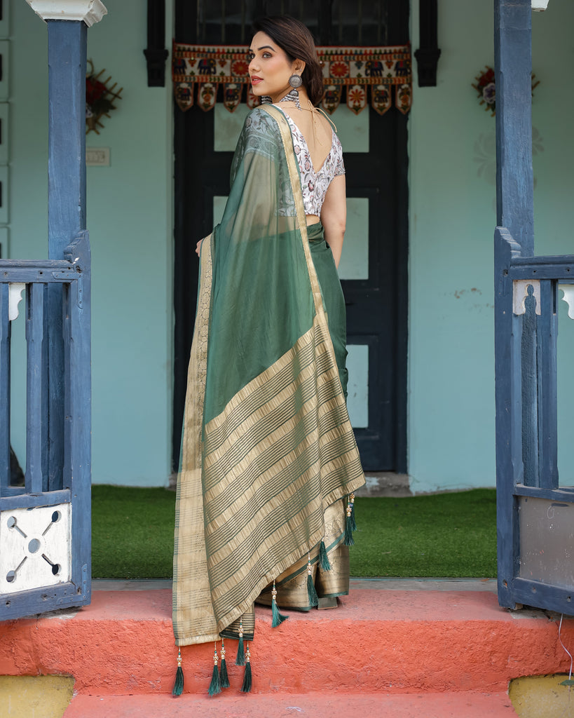 Elegant Bottle Green Plain Chiffon Saree with Gold Zari Border, Floral Printed Blouse & Tassel Finishing CHIFFON