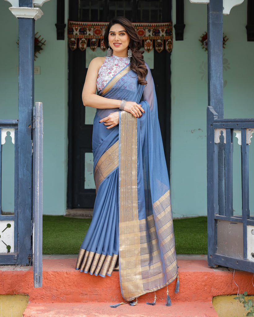 Serene Steel Blue Plain Chiffon Saree with Gold Zari Border, Floral Printed Blouse & Tassel Detailing CHIFFON