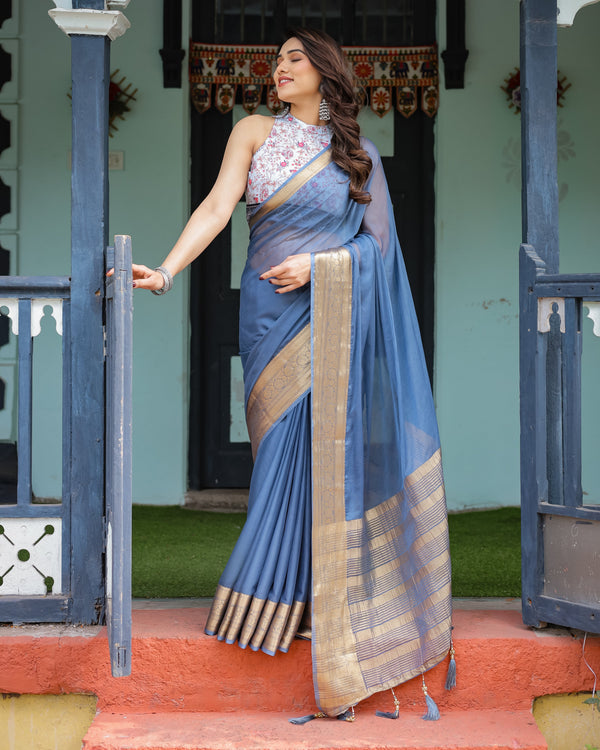 Serene Steel Blue Plain Chiffon Saree with Gold Zari Border, Floral Printed Blouse & Tassel Detailing CHIFFON