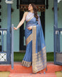 Load image into Gallery viewer, Serene Steel Blue Plain Chiffon Saree with Gold Zari Border, Floral Printed Blouse &amp; Tassel Detailing CHIFFON