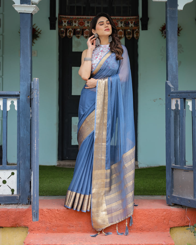 Serene Steel Blue Plain Chiffon Saree with Gold Zari Border, Floral Printed Blouse & Tassel Detailing CHIFFON