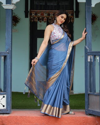 Serene Steel Blue Plain Chiffon Saree with Gold Zari Border, Floral Printed Blouse & Tassel Detailing CHIFFON