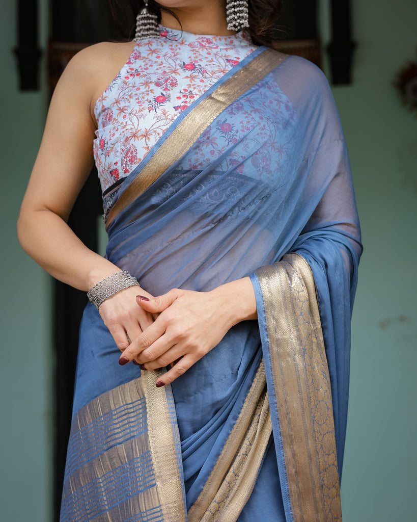 Serene Steel Blue Plain Chiffon Saree with Gold Zari Border, Floral Printed Blouse & Tassel Detailing CHIFFON