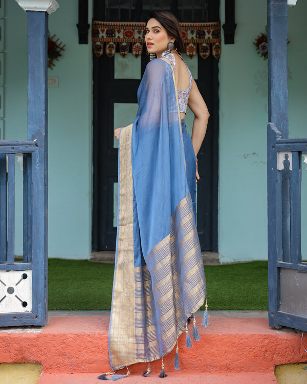 Serene Steel Blue Plain Chiffon Saree with Gold Zari Border, Floral Printed Blouse & Tassel Detailing CHIFFON