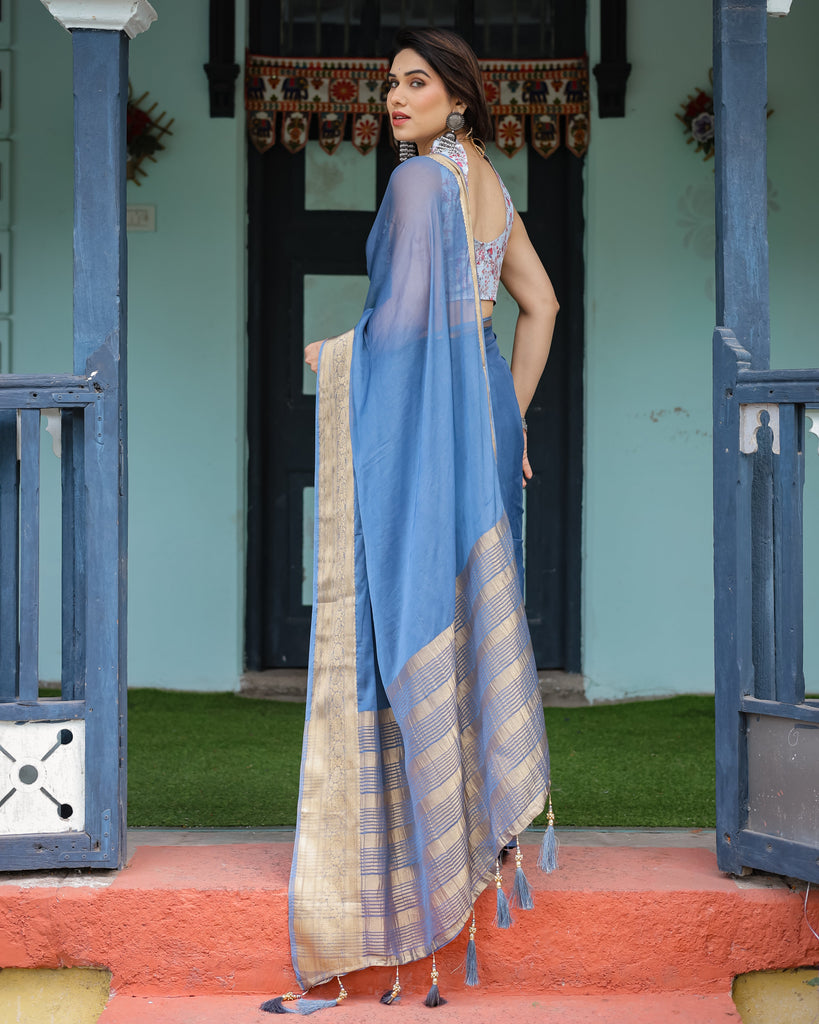 Serene Steel Blue Plain Chiffon Saree with Gold Zari Border, Floral Printed Blouse & Tassel Detailing CHIFFON