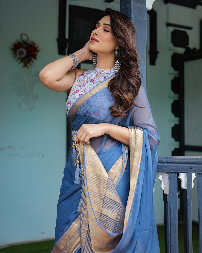 Serene Steel Blue Plain Chiffon Saree with Gold Zari Border, Floral Printed Blouse & Tassel Detailing CHIFFON