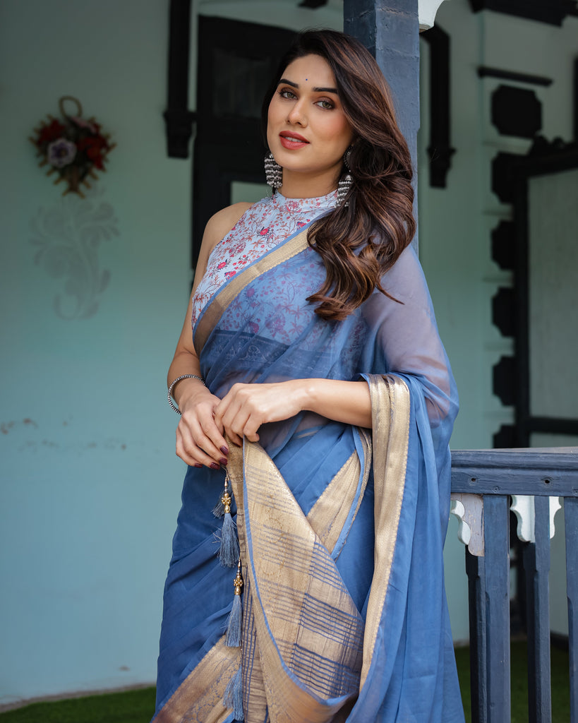 Serene Steel Blue Plain Chiffon Saree with Gold Zari Border, Floral Printed Blouse & Tassel Detailing CHIFFON