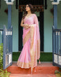 Load image into Gallery viewer, Blush Pink Plain Chiffon Saree with Gold Zari Border, Floral Printed Blouse &amp; Tassel Finishing CHIFFON