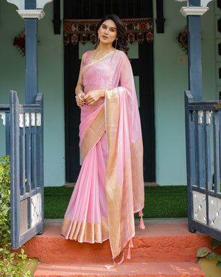 Blush Pink Plain Chiffon Saree with Gold Zari Border, Floral Printed Blouse & Tassel Finishing CHIFFON