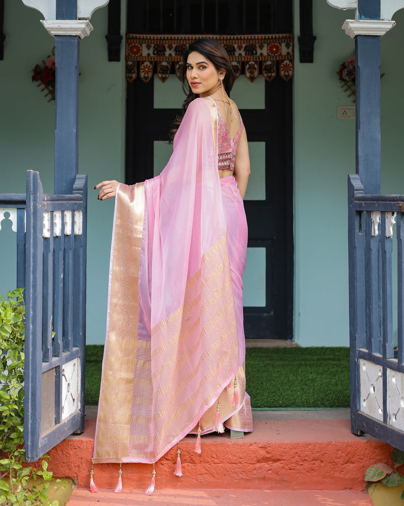 Blush Pink Plain Chiffon Saree with Gold Zari Border, Floral Printed Blouse & Tassel Finishing CHIFFON
