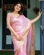 Load image into Gallery viewer, Blush Pink Plain Chiffon Saree with Gold Zari Border, Floral Printed Blouse &amp; Tassel Finishing CHIFFON