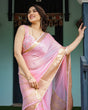 Load image into Gallery viewer, Blush Pink Plain Chiffon Saree with Gold Zari Border, Floral Printed Blouse &amp; Tassel Finishing CHIFFON