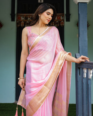 Blush Pink Plain Chiffon Saree with Gold Zari Border, Floral Printed Blouse & Tassel Finishing CHIFFON