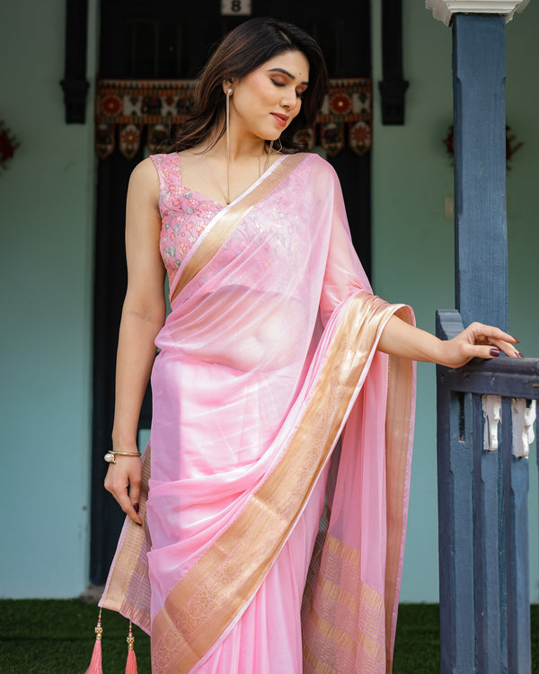 Blush Pink Plain Chiffon Saree with Gold Zari Border, Floral Printed Blouse & Tassel Finishing CHIFFON