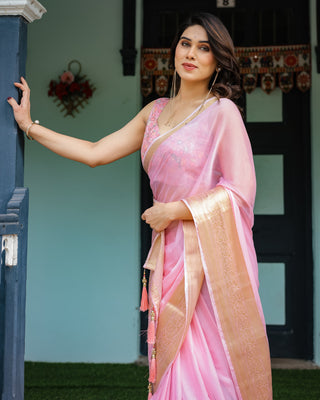 Blush Pink Plain Chiffon Saree with Gold Zari Border, Floral Printed Blouse & Tassel Finishing CHIFFON