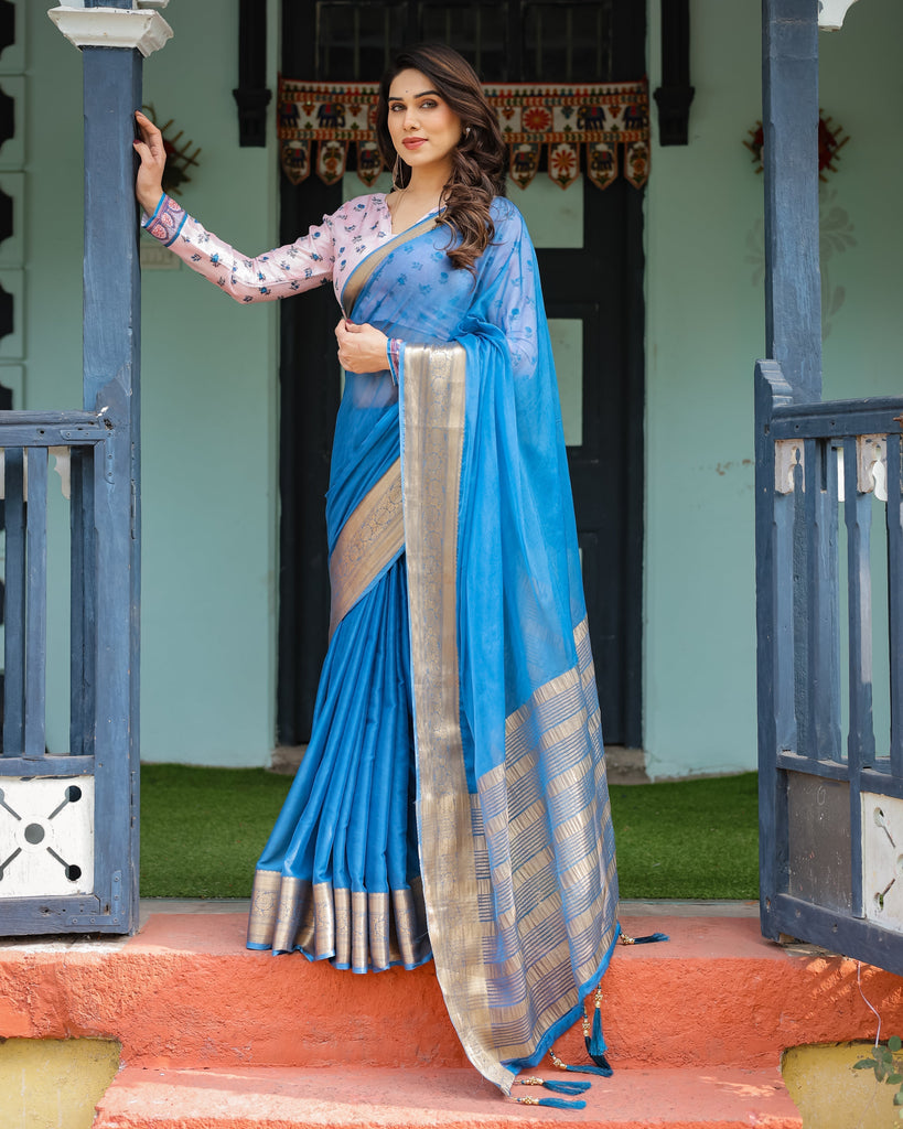 Vibrant Sky Blue Plain Chiffon Saree with Gold Zari Border, Floral Printed Blouse & Tassel Accents CHIFFON