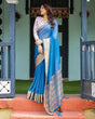 Load image into Gallery viewer, Vibrant Sky Blue Plain Chiffon Saree with Gold Zari Border, Floral Printed Blouse &amp; Tassel Accents CHIFFON