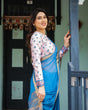 Load image into Gallery viewer, Vibrant Sky Blue Plain Chiffon Saree with Gold Zari Border, Floral Printed Blouse &amp; Tassel Accents CHIFFON