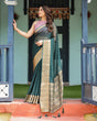 Load image into Gallery viewer, Enchanting Forest Green Plain Chiffon Saree with Gold Zari Border, Floral Printed Blouse &amp; Tassel Details CHIFFON