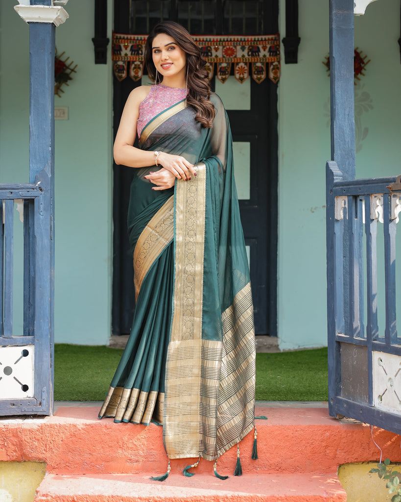 Enchanting Forest Green Plain Chiffon Saree with Gold Zari Border, Floral Printed Blouse & Tassel Details CHIFFON