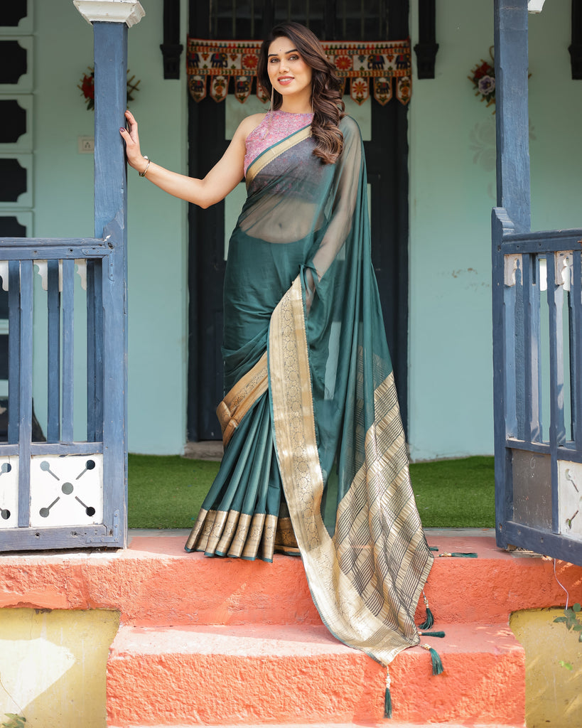 Enchanting Forest Green Plain Chiffon Saree with Gold Zari Border, Floral Printed Blouse & Tassel Details CHIFFON