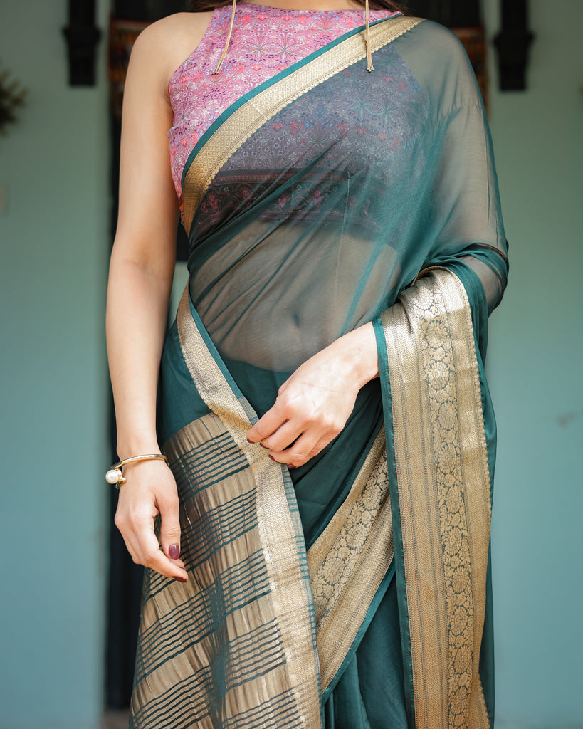 Enchanting Forest Green Plain Chiffon Saree with Gold Zari Border, Floral Printed Blouse & Tassel Details CHIFFON