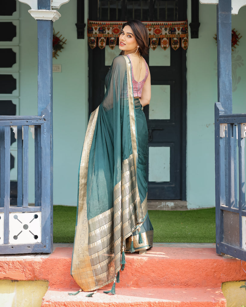 Enchanting Forest Green Plain Chiffon Saree with Gold Zari Border, Floral Printed Blouse & Tassel Details CHIFFON
