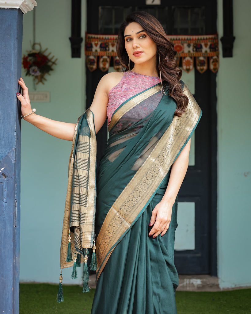 Enchanting Forest Green Plain Chiffon Saree with Gold Zari Border, Floral Printed Blouse & Tassel Details CHIFFON