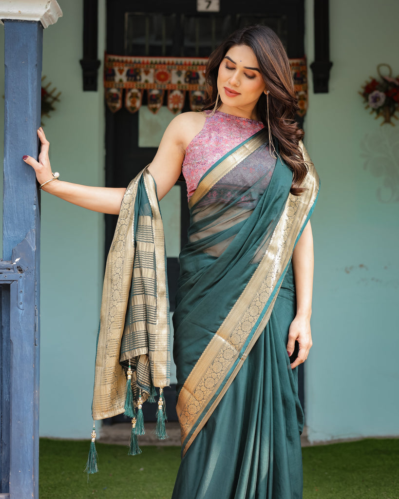 Enchanting Forest Green Plain Chiffon Saree with Gold Zari Border, Floral Printed Blouse & Tassel Details CHIFFON