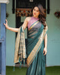 Load image into Gallery viewer, Enchanting Forest Green Plain Chiffon Saree with Gold Zari Border, Floral Printed Blouse &amp; Tassel Details CHIFFON