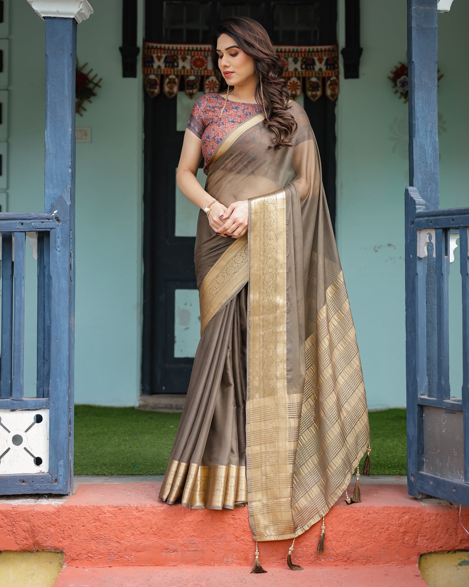 Elegant Olive Brown Plain Chiffon Saree with Gold Zari Border, Paisley Printed Blouse & Tassel Detailing CHIFFON